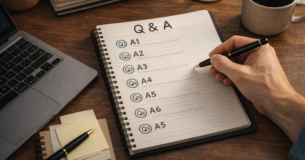 デスクの上でノートパソコンとマグカップの横に置かれたノートに「Q&A」と質問項目が書かれ、ペンを持った手が回答を書き込もうとしている様子が写っている写真