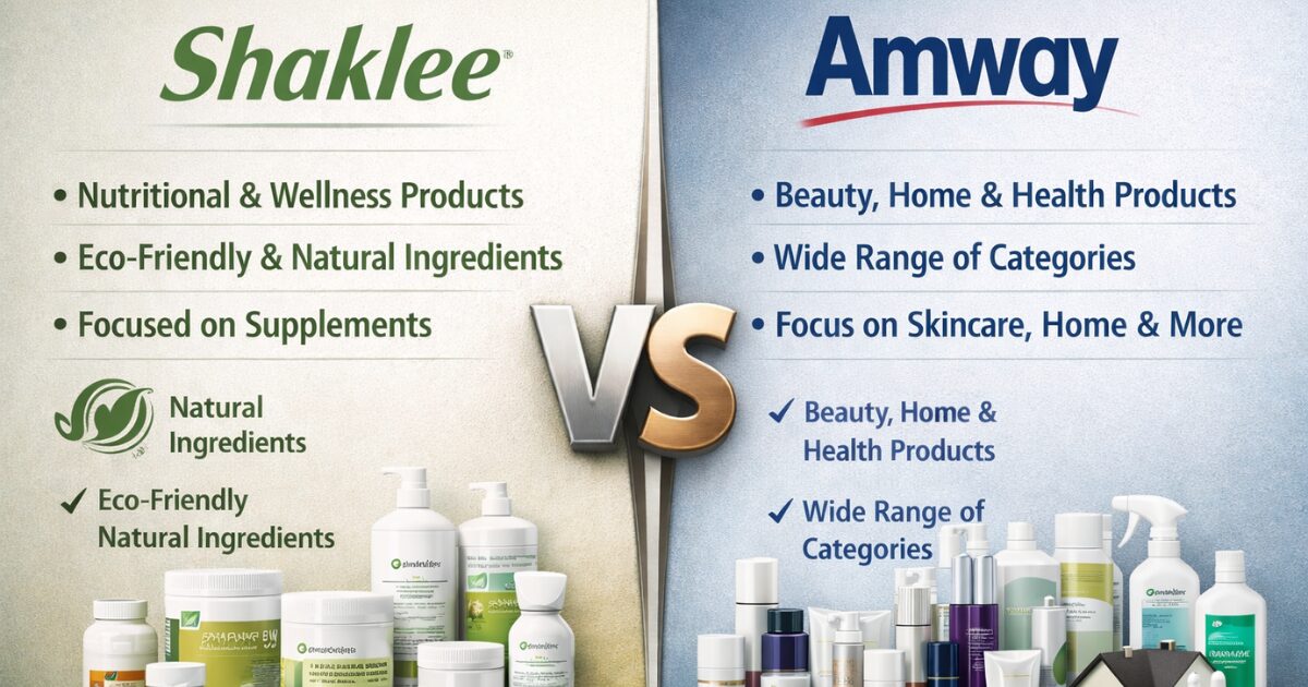 画像は左右に分かれた比較構図で、左側に「Shaklee」、右側に「Amway」という英語表記があり、左にはサプリメントなど健康志向の製品、右には美容用品や日用品など幅広いカテゴリの製品が並べて配置されている様子が写っている。