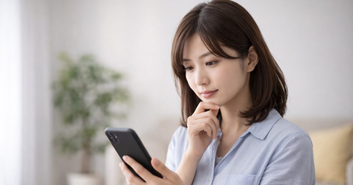 室内で女性がスマートフォンの画面を見つめながら顎に手を当てて考えており、情報を確認しつつ選択肢を慎重に検討している様子が写っている写真。