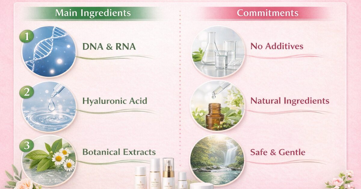 DNA構造のイメージや水滴、植物エキスを表す写真とともに、白を基調としたスキンケア化粧品のボトルやジャーが並び、実験器具や自然の風景が配置された横長のビジュアル構成の画像