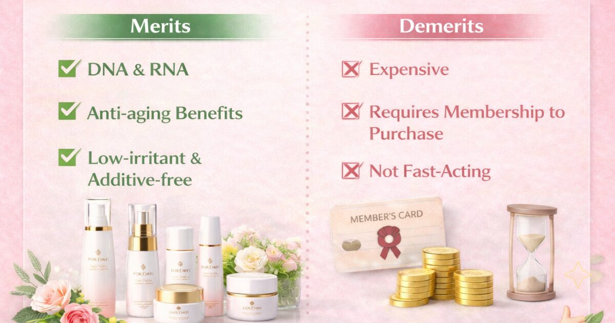 左側にスキンケア化粧品のボトルやクリーム容器が並び、右側にコイン、カード、砂時計などの小物が配置され、利点と注意点を英語表記のみで左右に対比させた横長デザインの画像