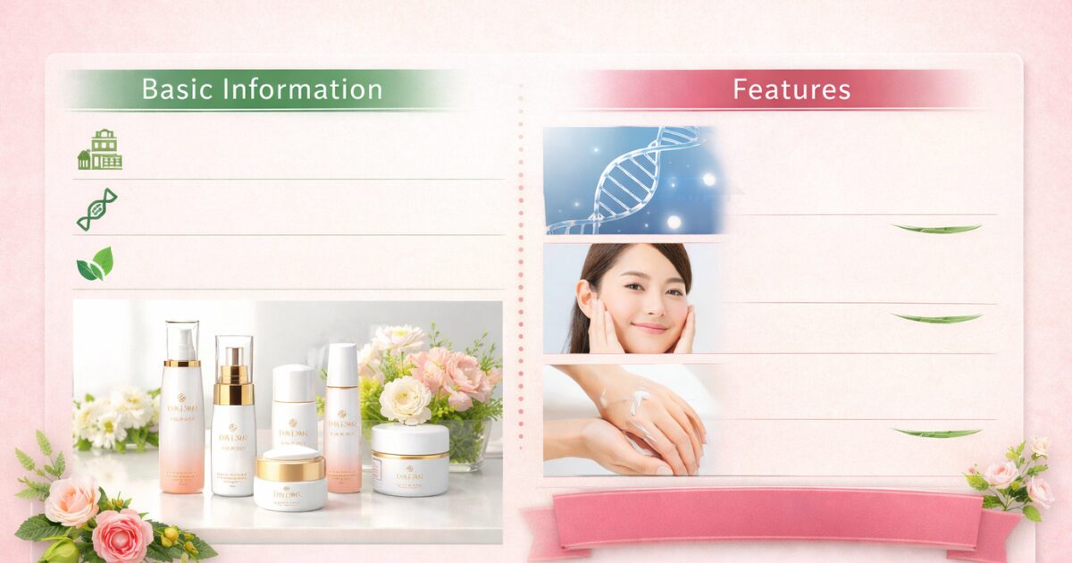 白を基調としたスキンケア化粧品のボトルやジャーがテーブルに並び、DNA構造のイメージ、女性が頬に手を当てている様子、クリームを塗った手元の写真が左右に配置されている構成の画像